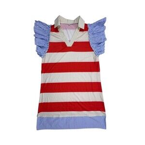 Playful Rugby Stripe Ruffle Sleeve Polo Dress Bold Red Blue M
